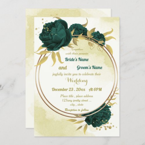 Emerald green flowers gold leaves wedding invitation