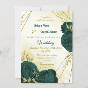 Emerald green flowers gold leaves wedding invitation