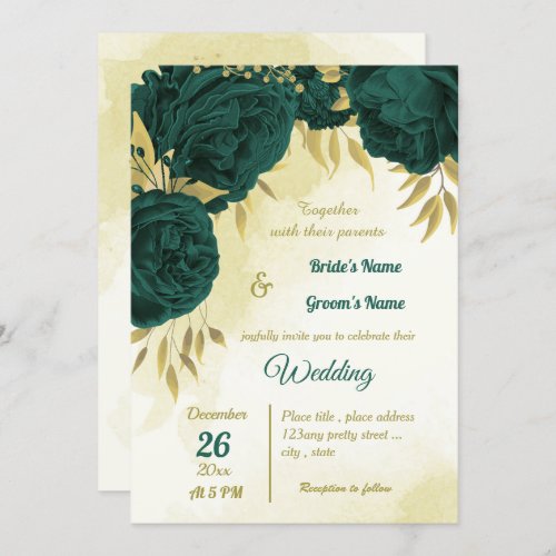 Emerald green flowers gold leaves wedding invitation