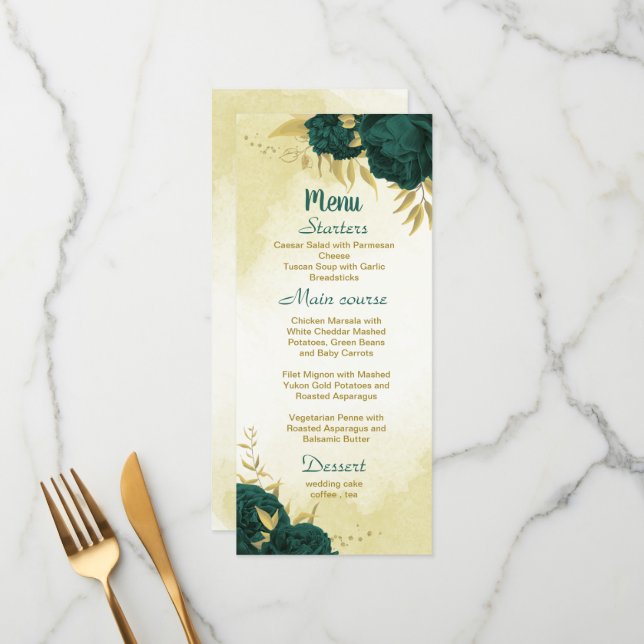 Emerald green flowers gold leaves wedding menu (Front/Back In Situ)