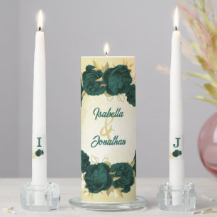 Emerald green flowers gold leaves wedding unity candle set