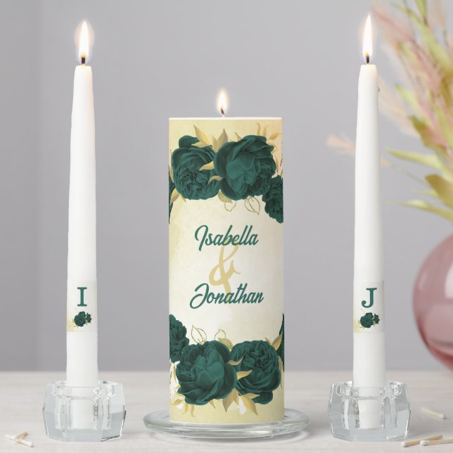 Emerald green flowers gold leaves wedding unity candle set (In Situ)