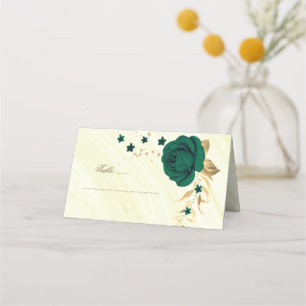 emerald green flowers gold marble place card