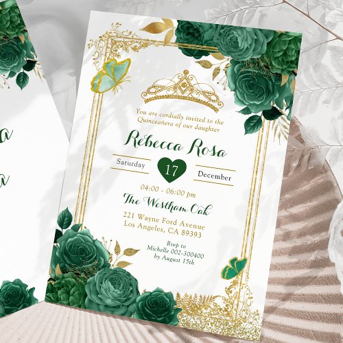 Emerald Green Flowers Gold Royal Quinceaera Invitation