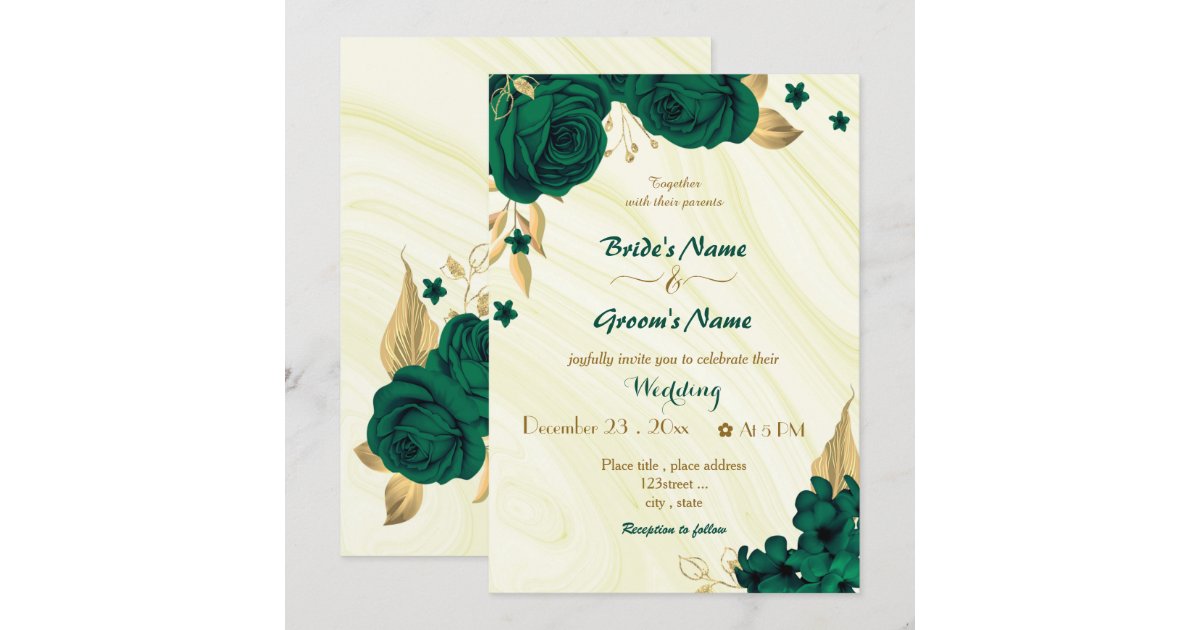 emerald green flowers gold wedding invitation | Zazzle