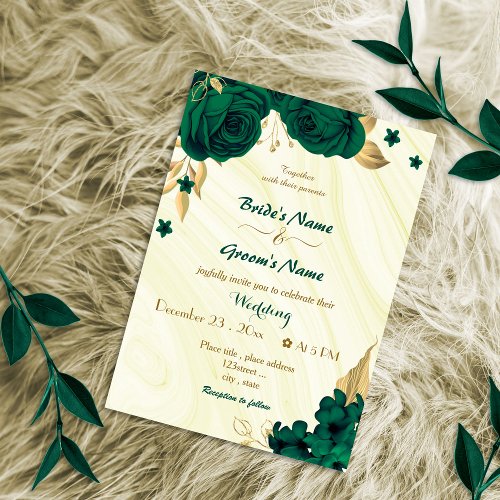 emerald green flowers gold wedding invitation