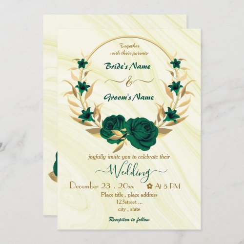 emerald green flowers gold wreath wedding invitation