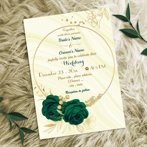 emerald green flowers gold wreath wedding invitation