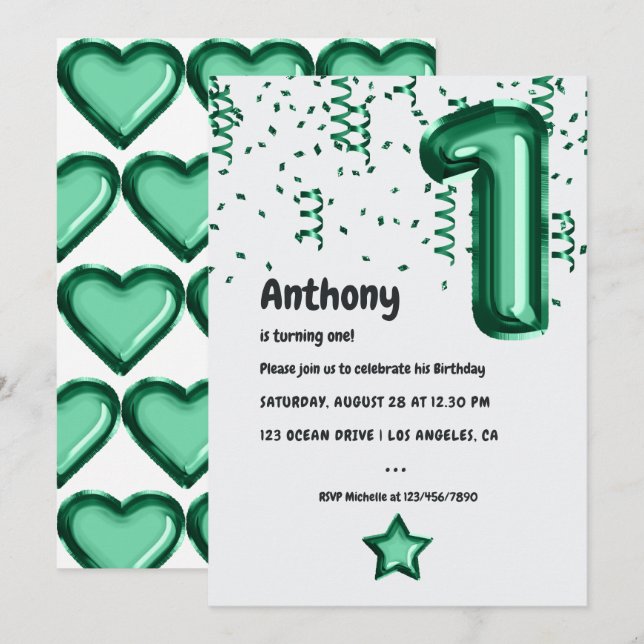 Emerald Green Foil Balloon 1st Birthday Invitation (Front/Back)