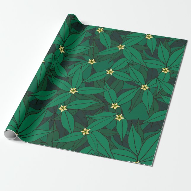 Emerald Green Foliage Print Gift Wrap (Unrolled)
