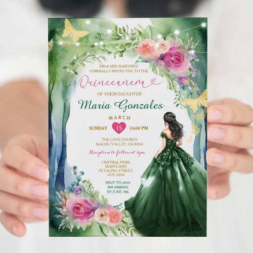 Emerald Green Forest Dress Pink Floral Quinceaera Invitation