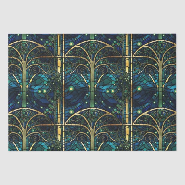 Emerald Green Forest Faux Stained Glass Pattern Tissue Paper (Front)