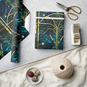 Emerald Green Forest Faux Stained Glass Pattern Wrapping Paper
