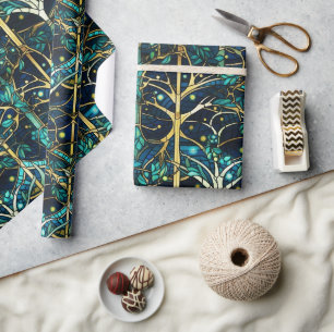 Emerald Green Forest Faux Stained Glass Pattern Wrapping Paper