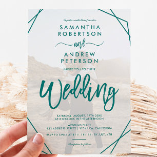 Emerald green frame simple photo script wedding invitation