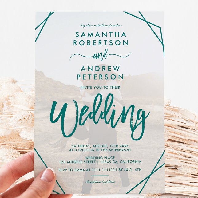 Emerald green frame simple photo script wedding invitation (Creator Uploaded)