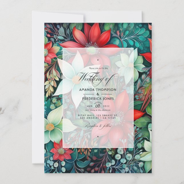 Emerald Green, Garnet Red and Snowy White Wedding Invitation (Front)