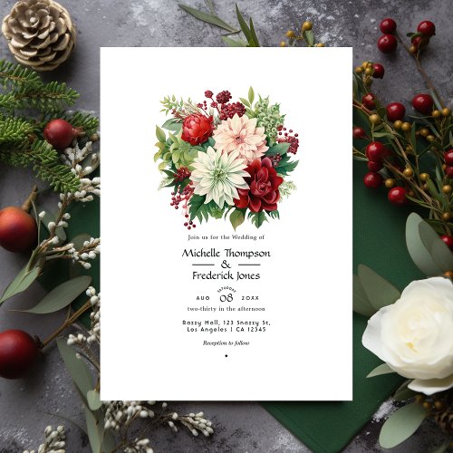 Emerald Green Garnet Red and Snowy White Wedding Invitation