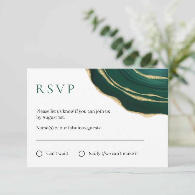 Emerald green gemstone with gold RSVP card (Standing Front)