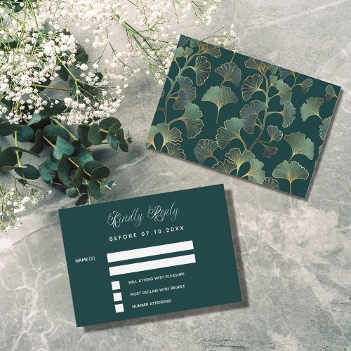 Emerald green ginkgo leaves wedding response RSVP Note Card