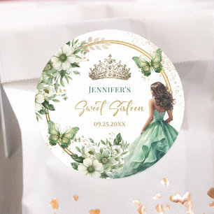 Emerald Green Girl Princess Tiara Floral Sweet 16 Classic Round Sticker