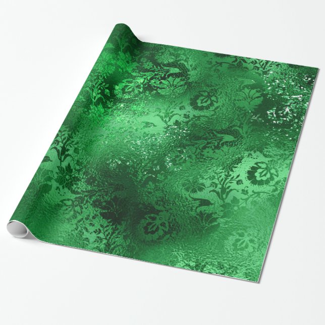 Emerald Green Glam Damask Pattern Wrapping Paper (Unrolled)