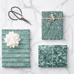 Emerald Green Glam Glitter Stripes Wrapping Paper Sheets