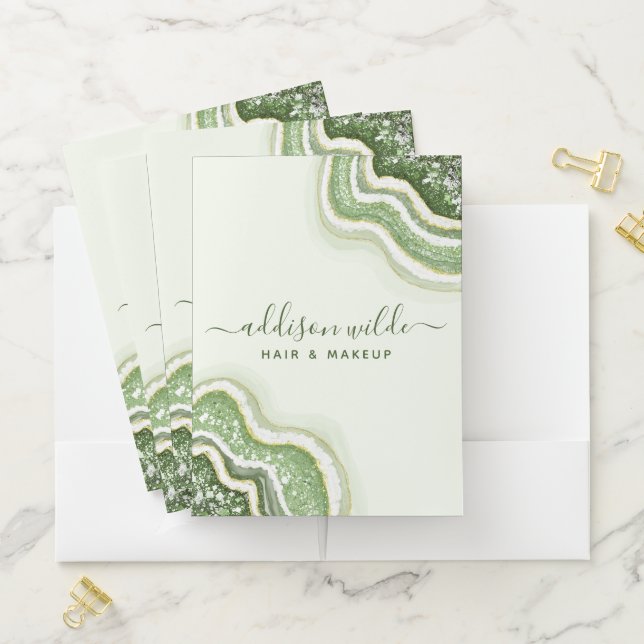 Emerald Green Glitter Agate Geode Luxe Chic Pocket Folder (In Situ)