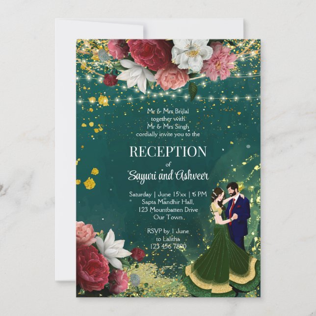 Emerald green glitter dancing couple reception invitation (Front)