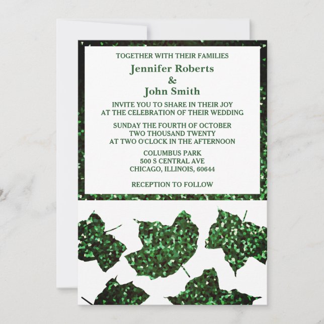 Emerald Green Glitter Fall Leaves Elegant Wedding Invitation (Front)