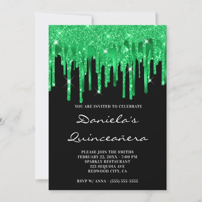 Emerald Green Glitter Foil Drips Black Quinceañera Invitation (Front)