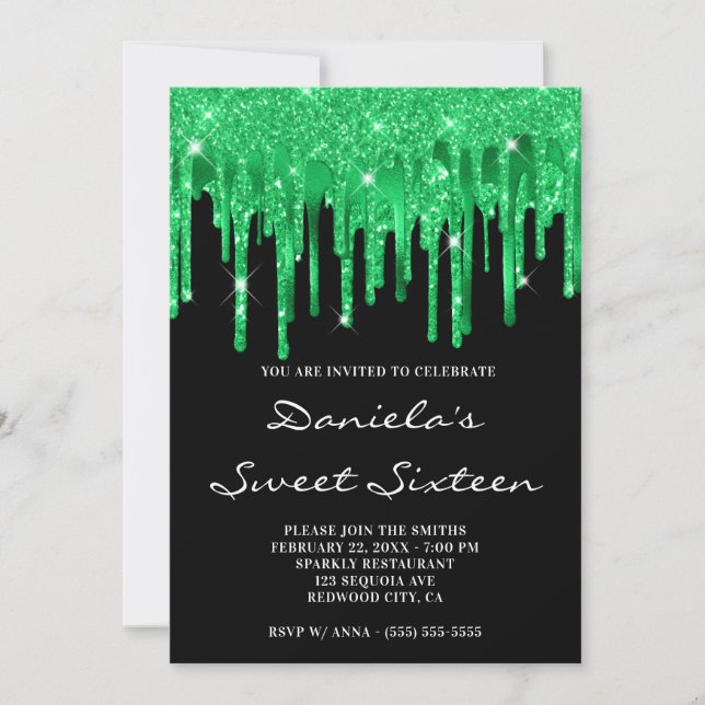 Emerald Green Glitter Foil Drips Black Sweet 16 Invitation (Front)