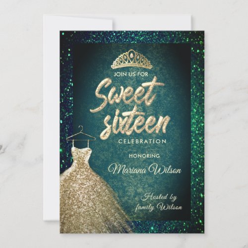 Emerald Green glitter  Gold  dress tiara Sweet 16  Invitation