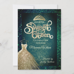 Emerald Green glitter Gold dress tiara Sweet 16 Invitation
