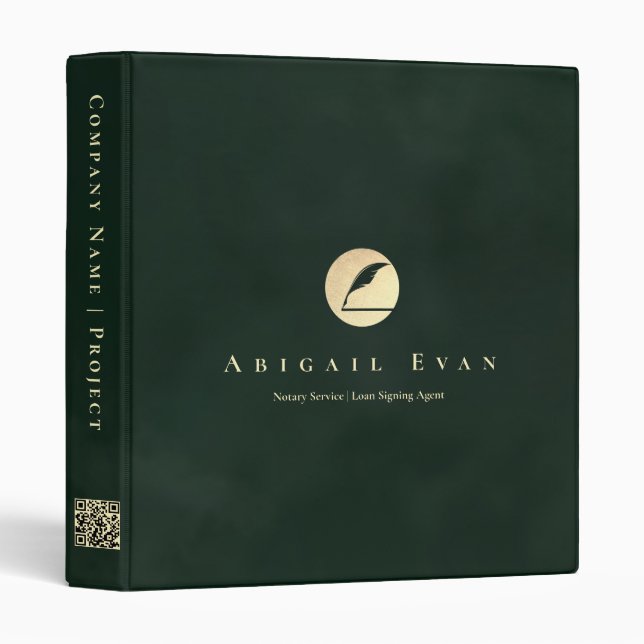 Emerald Green Glitter Gold Feather Notary Service 3 Ring Binder (Front/Spine)