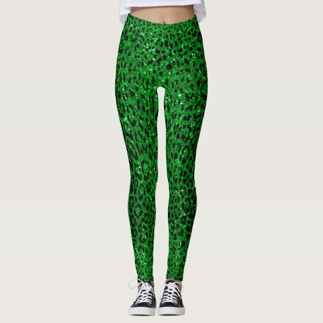 Emerald Green Glitter Leopard Pattern Leggings (Front)