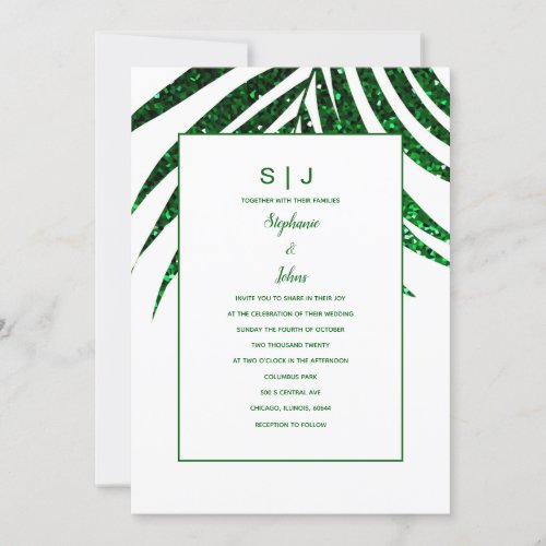 Emerald Green Glitter Palm Leaf Tropical Wedding Invitation