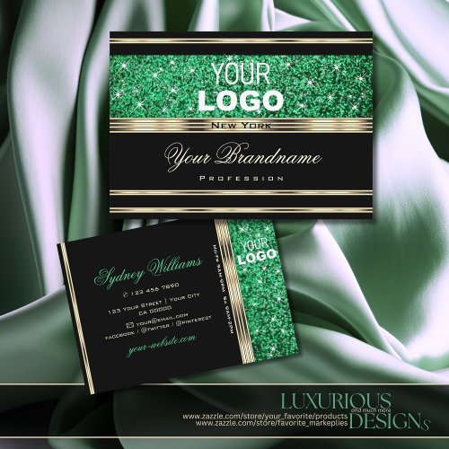 Emerald Green Glitter Sparkle Logo Gold and Black Business Card