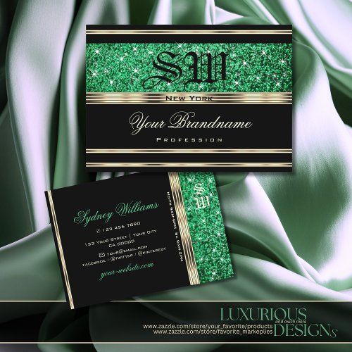Emerald Green Glitter Sparkle Monogram Gold Black Business Card