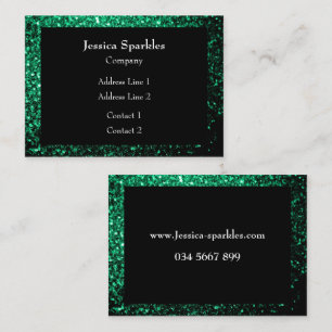 Emerald Green glitter sparkles frame Black Business Card