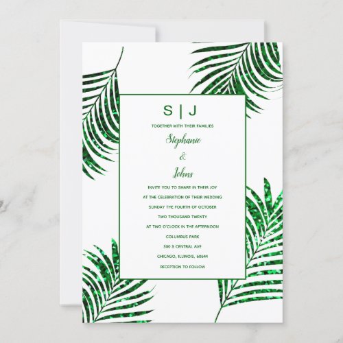 Emerald Green Glitter Tropical Palm Leaf Wedding Invitation