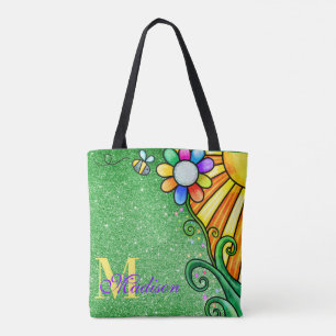 Emerald Green Glitter Whimsy Flower Sunshine Bee Tote Bag