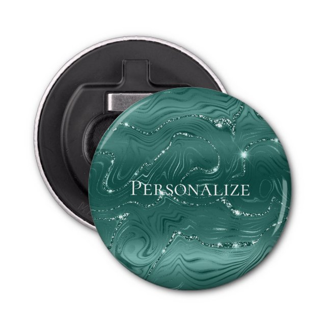 Emerald Green Glitzy Marble Personalized Bottle Opener (Front)