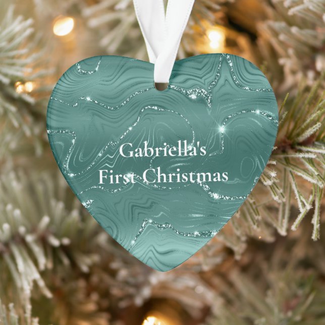Emerald Green Glitzy Marble Personalized Christmas Ornament (Tree)