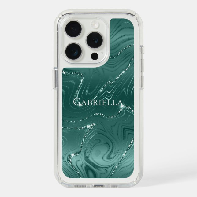 Emerald Green Glitzy Marble Personalized Speck iPhone Case (Front (White Titanium))