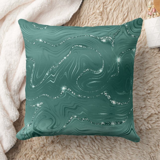 Emerald Green Glitzy Marble Throw Pillow (Blanket)