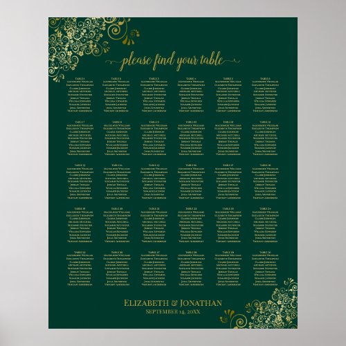 Emerald Green Gold 30 Table Wedding Seating Chart