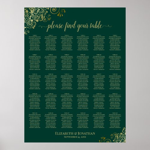 Emerald Green Gold 30 Table Wedding Seating Chart