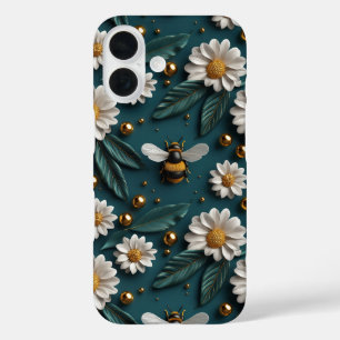 Emerald Green Gold 3D Bees Daisy Flowers Bumble iPhone 16 Case