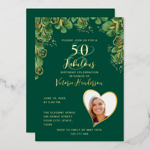 Emerald Green  Gold 50  Fabulous Birthday Foil Invitation